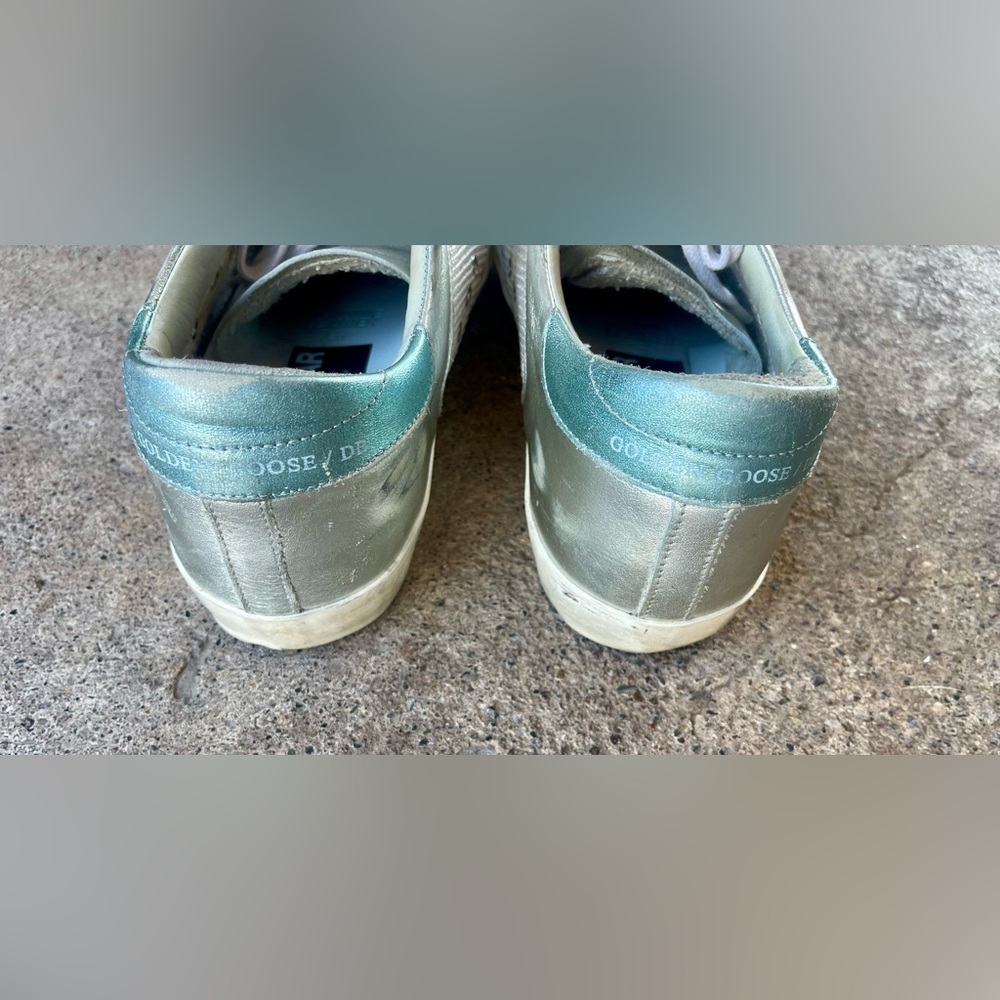 Golden Goose Superstar White Silver Half Green Laminated Leather Sneakers SzEU38 - Picture 5 of 11